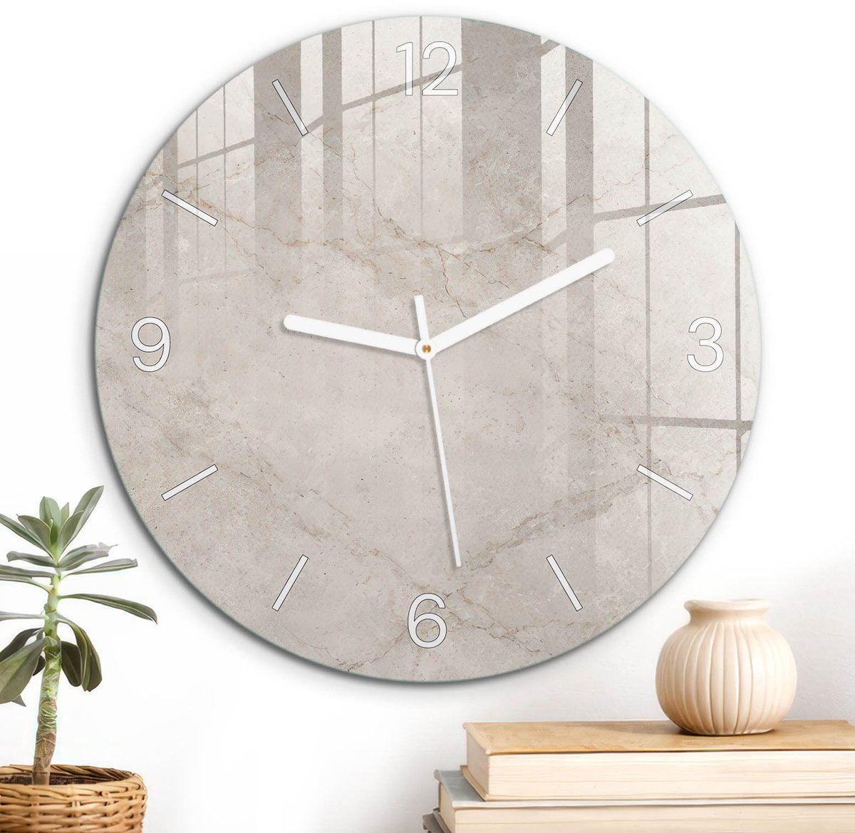 ArtPrintCave Beige Glazen Klok - Wandklok 30 cm - Muurklok Rond - Beige Steen Stille Wandklok - Achtergronden En Patronen Wandklok Keuken - Witte Klokwijzers
