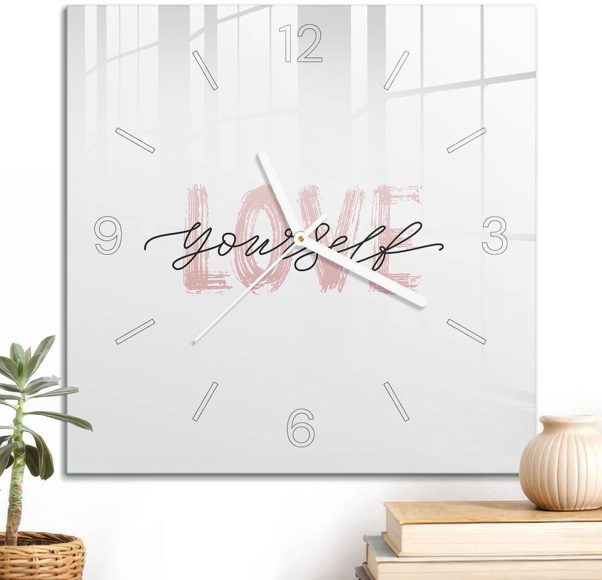 ArtPrintCave Wit Glazen Klok - 30x30 cm - Wandklok Vierkant - Inspirerende Tekst Unieke Klok - Kunst Stille Wandklok - Witte Klokwijzers