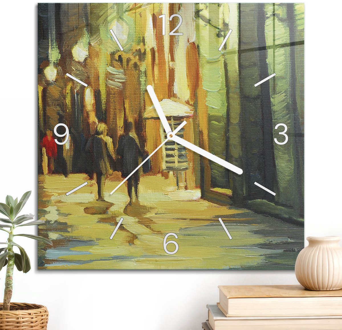 ArtPrintCave Geel Glazen Klok - 30x30 cm - Wandklok Vierkant - Stadsavond Wandklok Keuken - Kunst Unieke Klok - Witte Klokwijzers