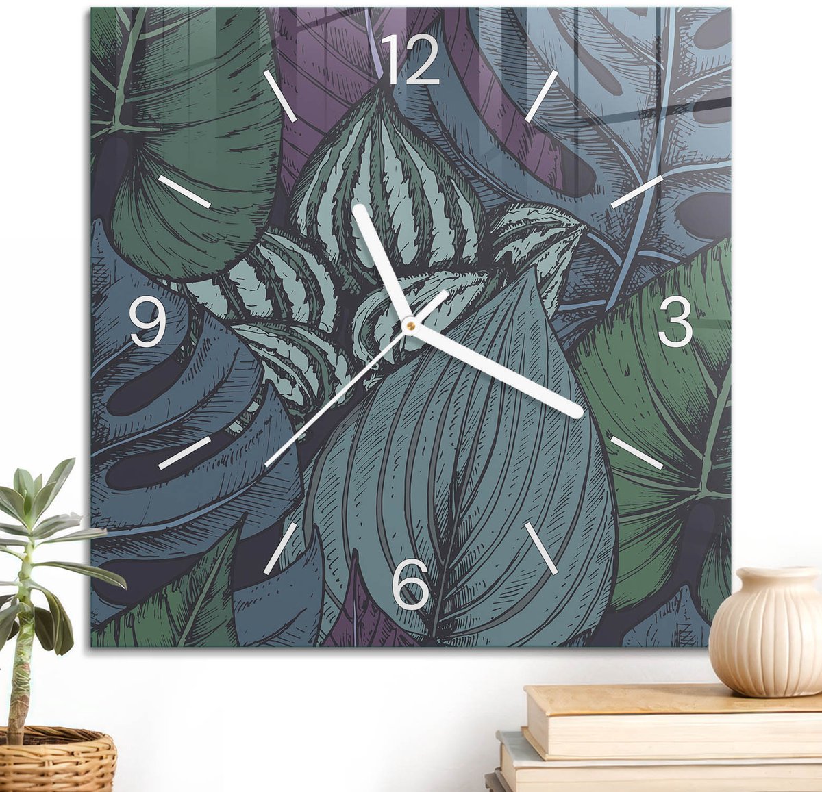 ArtPrintCave Groene Glazen Klok - 30x30 cm - Wandklok Vierkant - Botanisch Patroon Wandklok Keuken - Achtergronden En Patronen Unieke Klok - Witte Klokwijzers
