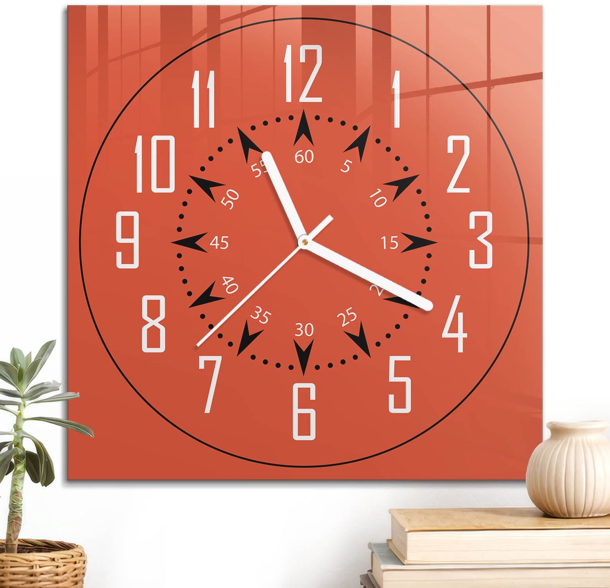 ArtPrintCave Oranje Glazen Klok - 30x30 cm - Wandklok Vierkant - Oranje Schild Unieke Klok - Achtergronden En Patronen Stille Wandklok - Witte Klokwijzers