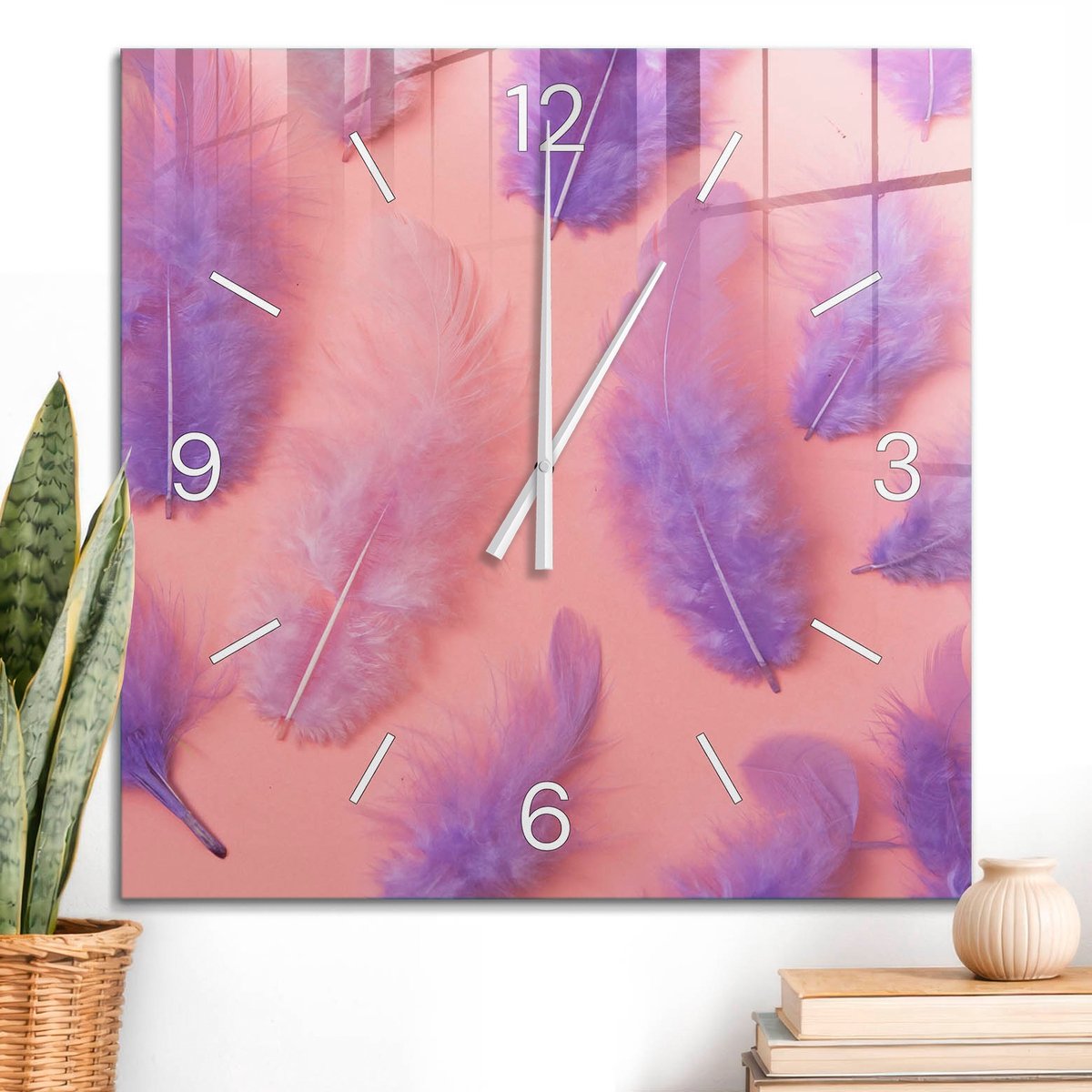ArtPrintCave Paars Glazen Klok - 60x60 cm - Wandklok Vierkant - Veren Fantasie Stille Wandklok - Kunst Wandklok Keuken - Witte Klokwijzers