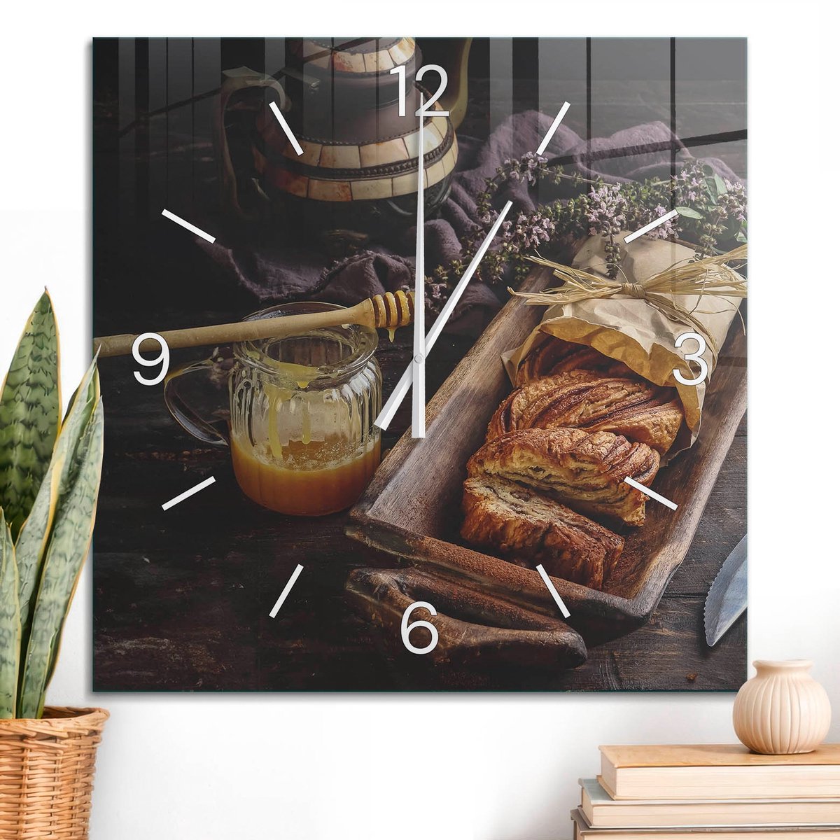 ArtPrintCave Bruin Glazen Klok - 60x60 cm - Wandklok Vierkant - Rustiek Feestmaal Stille Wandklok - Natuur Wandklok Keuken - Witte Klokwijzers