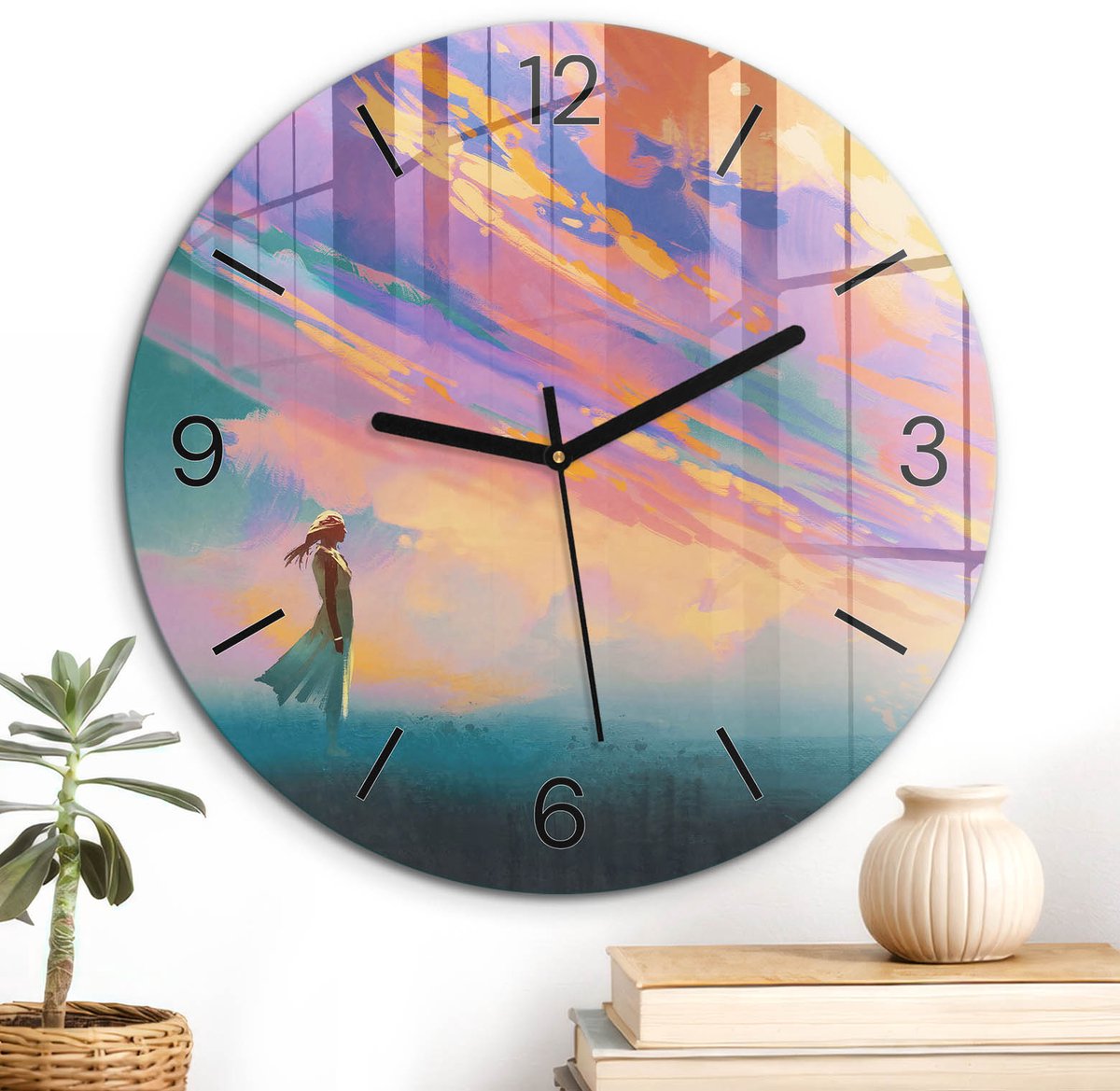 ArtPrintCave Oranje Glazen Klok - Wandklok 30 cm - Muurklok Rond - Avondbijeenkomst Wandklok Keuken - Abstractie Unieke Klok - Zwarte Klokwijzers
