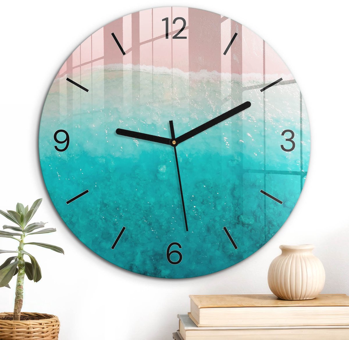 ArtPrintCave Roze Glazen Klok - Wandklok 30 cm - Muurklok Rond - Droomstrand Stille Wandklok - Natuur Wandklok Keuken - Zwarte Klokwijzers