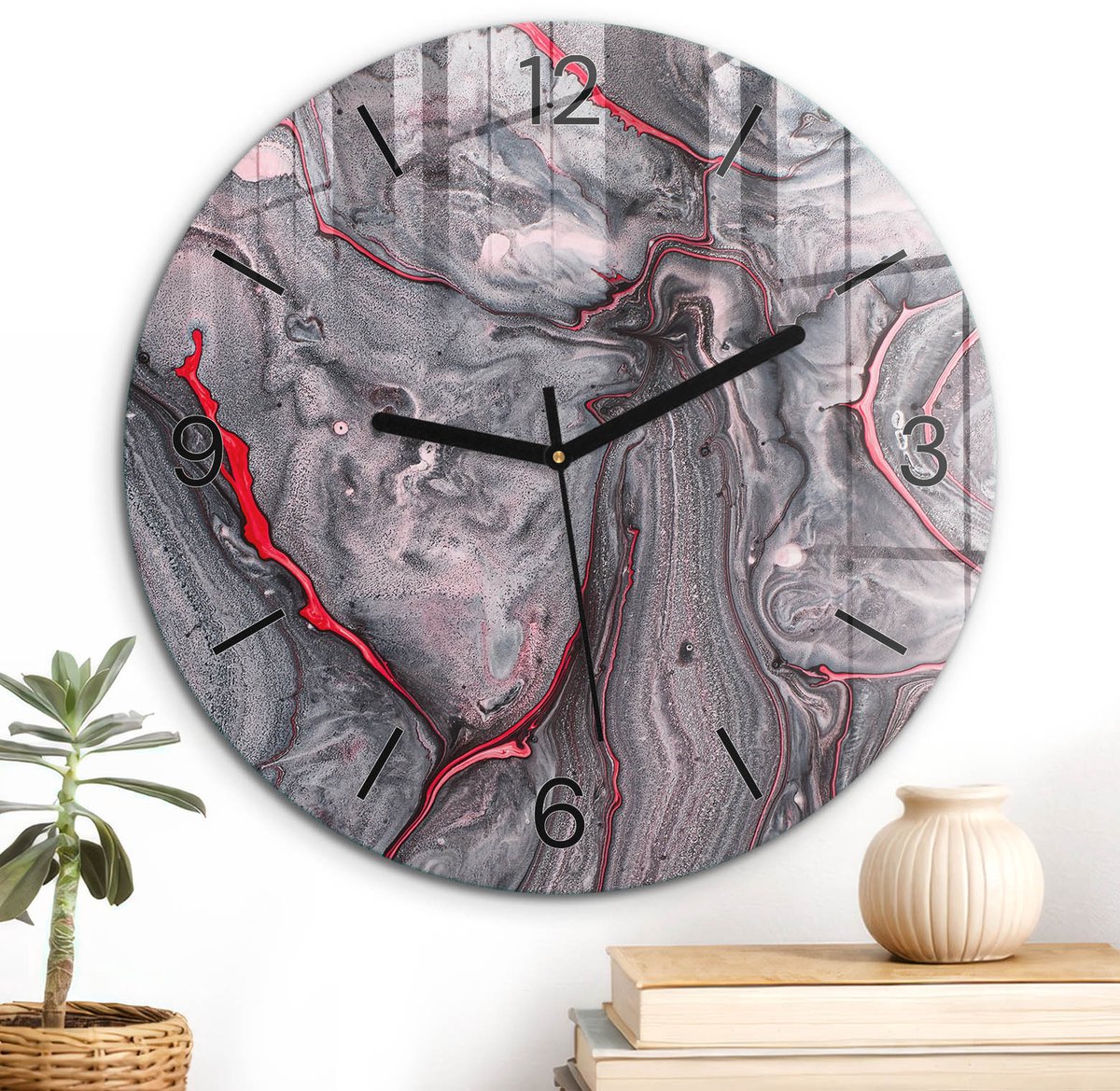 ArtPrintCave Grijs Glazen Klok - Wandklok 30 cm - Muurklok Rond - Abstracte Vormen Stille Wandklok - Kunst Wandklok Keuken - Zwarte Klokwijzers