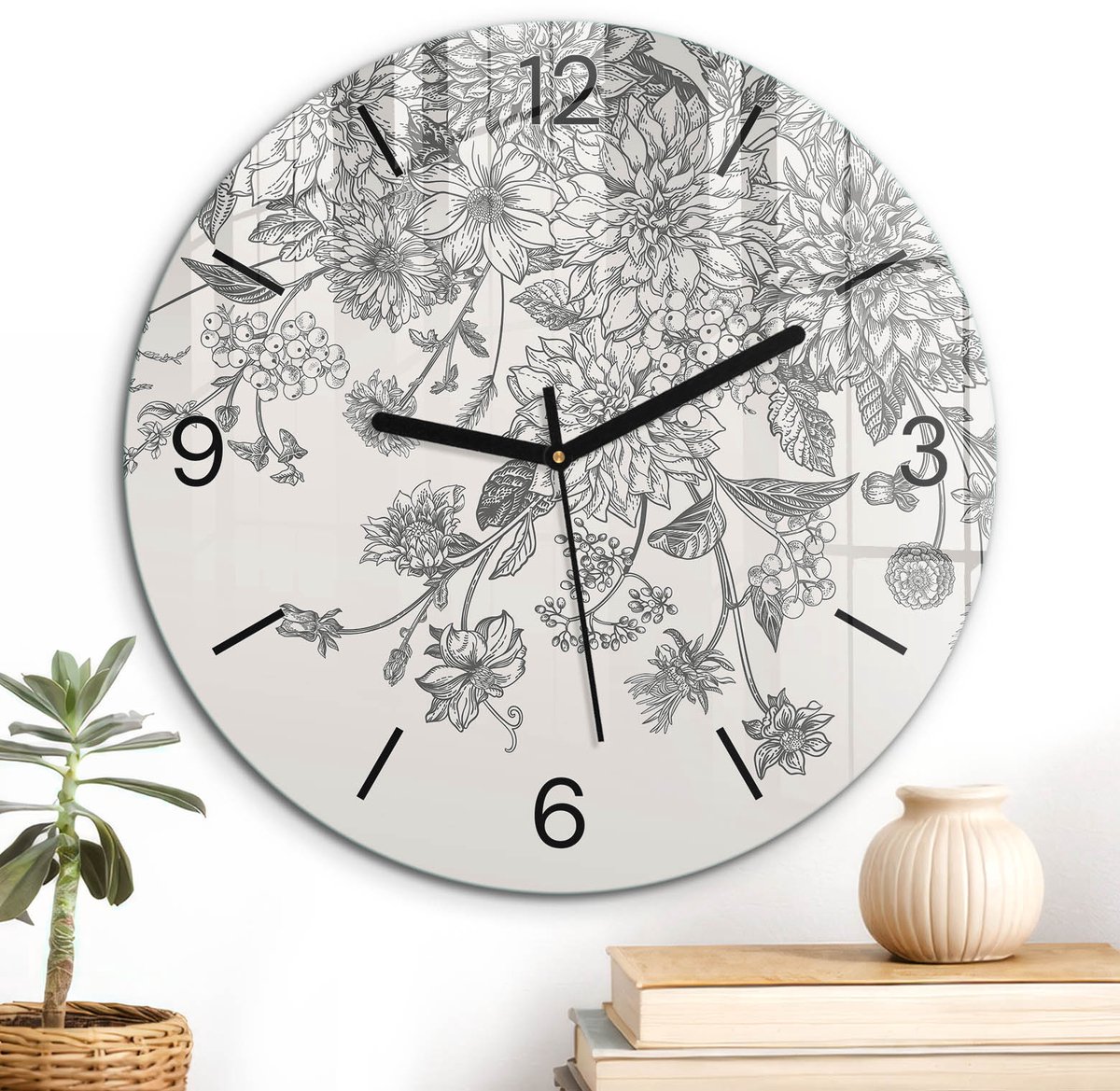 ArtPrintCave Zwart Glazen Klok - Wandklok 30 cm - Muurklok Rond - Bloemenpatroon Unieke Klok - Kunst Stille Wandklok - Zwarte Klokwijzers