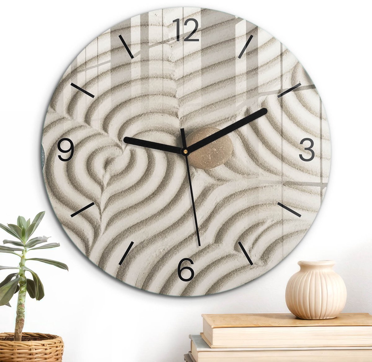 ArtPrintCave Beige Glazen Klok - Wandklok 30 cm - Muurklok Rond - Zen-Scène Unieke Klok - Abstractie Stille Wandklok - Zwarte Klokwijzers