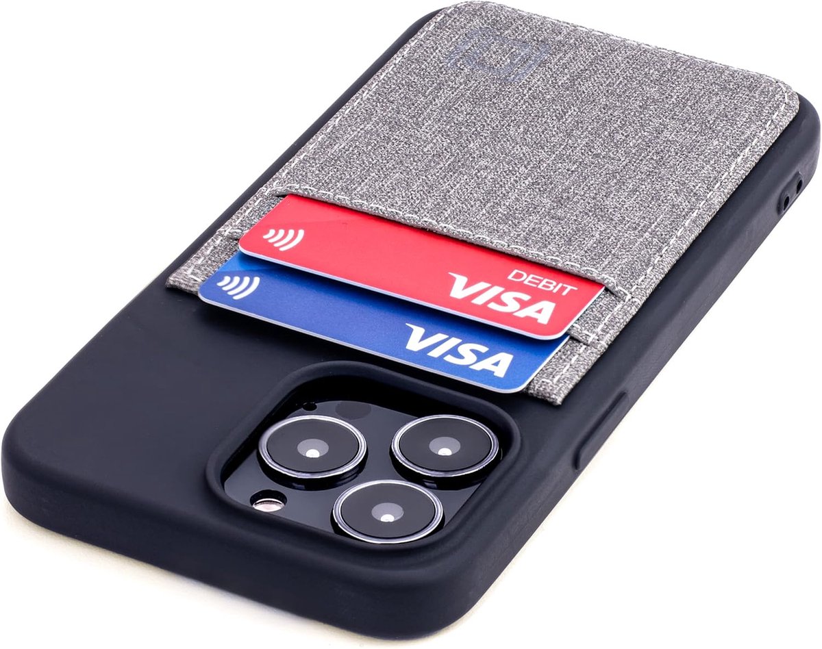 IPhone 13 Pro Portemonnee Hoesje met Siliconen Shell, Ingebouwde Metalen Plaat voor Magnetische Bevestiging en 2 Houders voor Creditcards: Luxe M2T, Canvas Stijl Kunstleer (Pro, Zwart/Grijs)