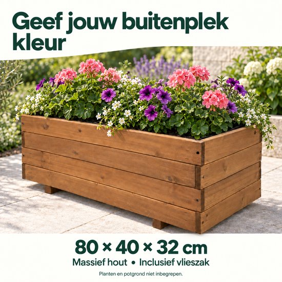 Houten plantenbak van 80 x 40 x 32 cm, gevuld met bloemen.