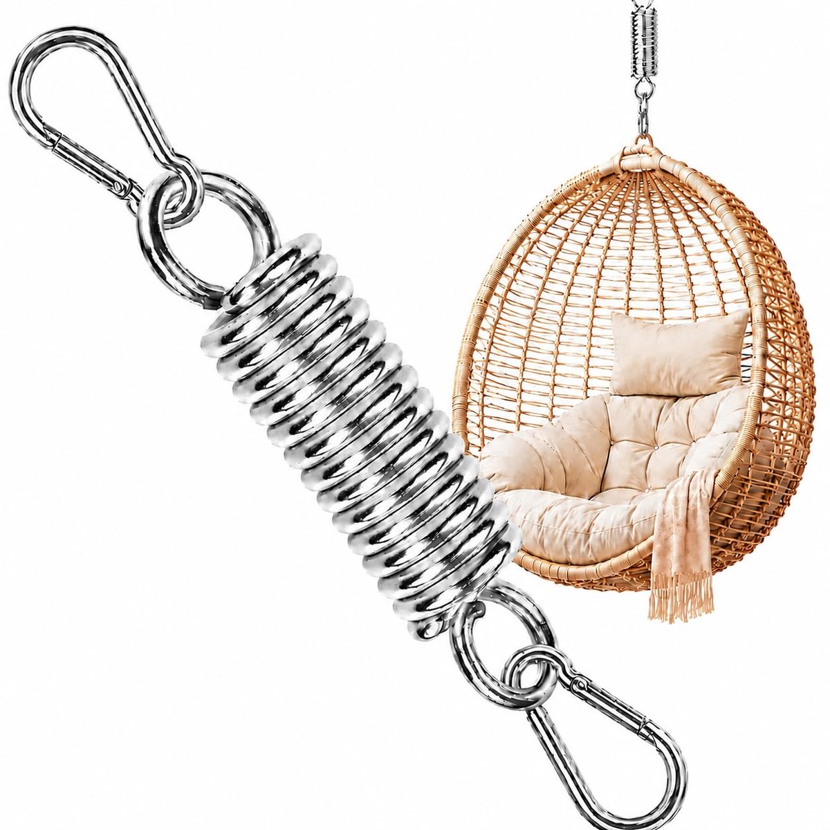 Veer voor hangstoel, schommelveer, hangstoel met 2 karabijnhaken, veren met ogen, karabijnhaak, draagvermogen tot 250 kg, ophangveer voor bokszakhouder, hangmat, yoga (1 stuk)