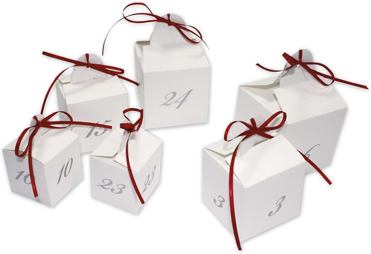 24 Adventswürfel zum Befüllen, 24 bedruckte Boxen aus hochwertigem Strukturkarton mit Satinschleifen, zum Befüllen, Würfel in den Größen 5/6/7 cm