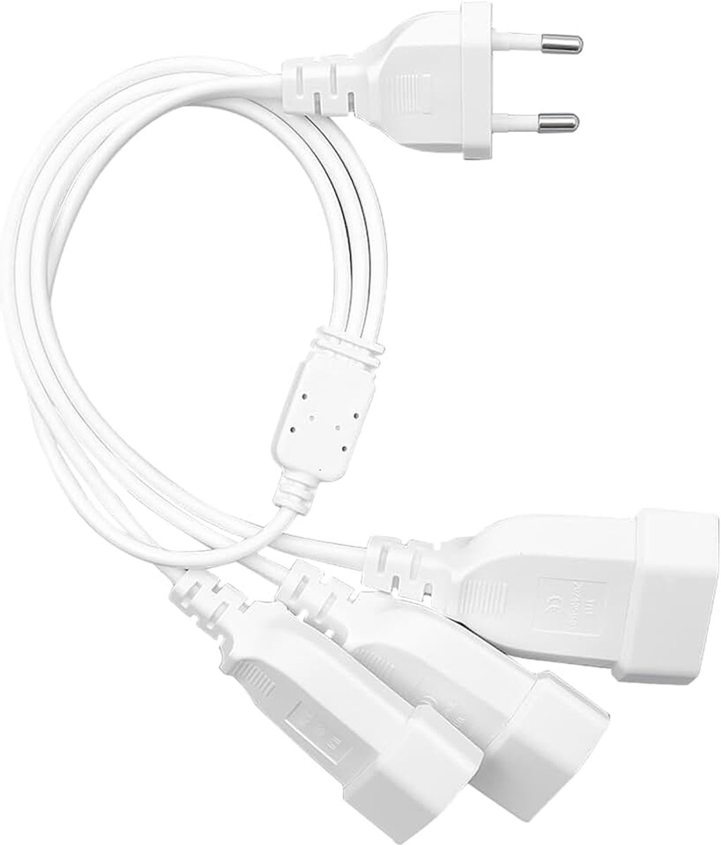 Eurostekker 3-in-1 verlengkabel, 250 V/2,5 A, eurostekker, 0,55 m, korte verlenging, platte stekker, platte stekker, platte stekker, voor monitors, huishoudelijke apparaten, tv, pc, wit