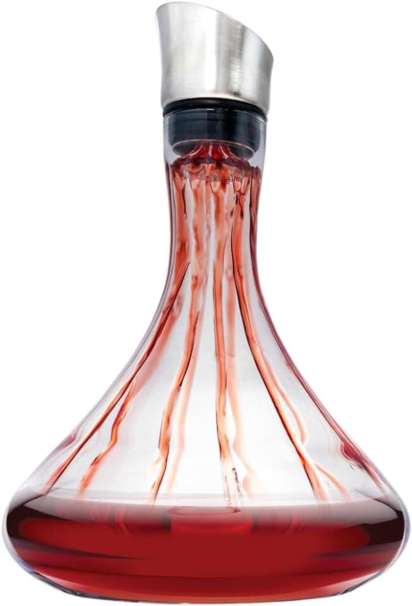 Wijnkaraf van glas met filter en lekvrije schenktuit van roestvrij staal, rodewijn beluchter