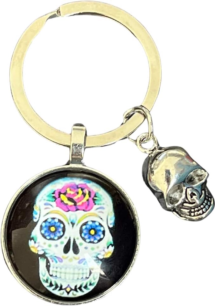 Sleutelhouder 25 mm, Kleine Bedel met Sleutelring, Gothic Skeletmotief, Zilver