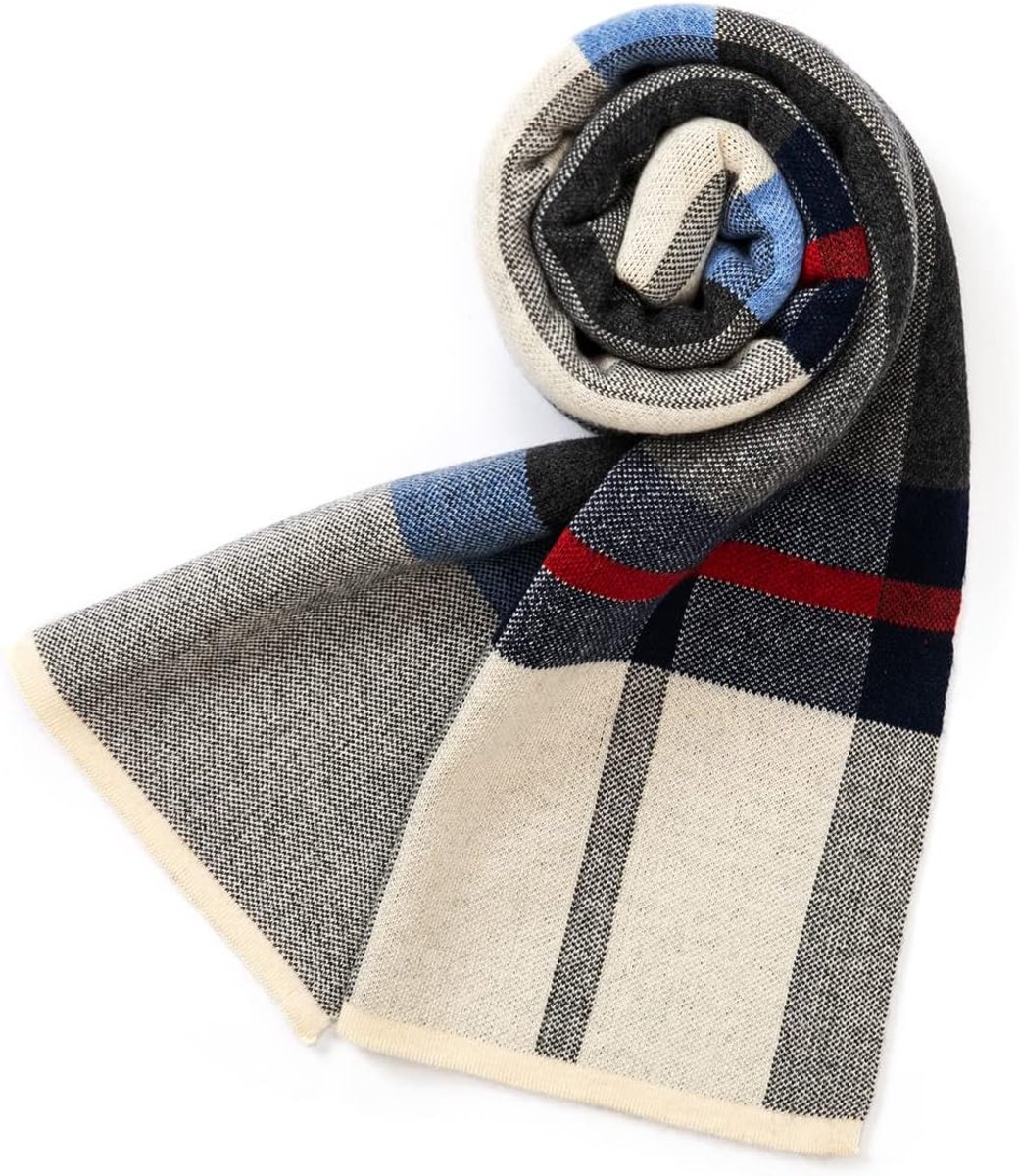 Australische merinowol tartan gebreide sjaal voor heren, geruite winterwarme dikke zachte halskleding met geschenkdoos, 180 × 30 cm