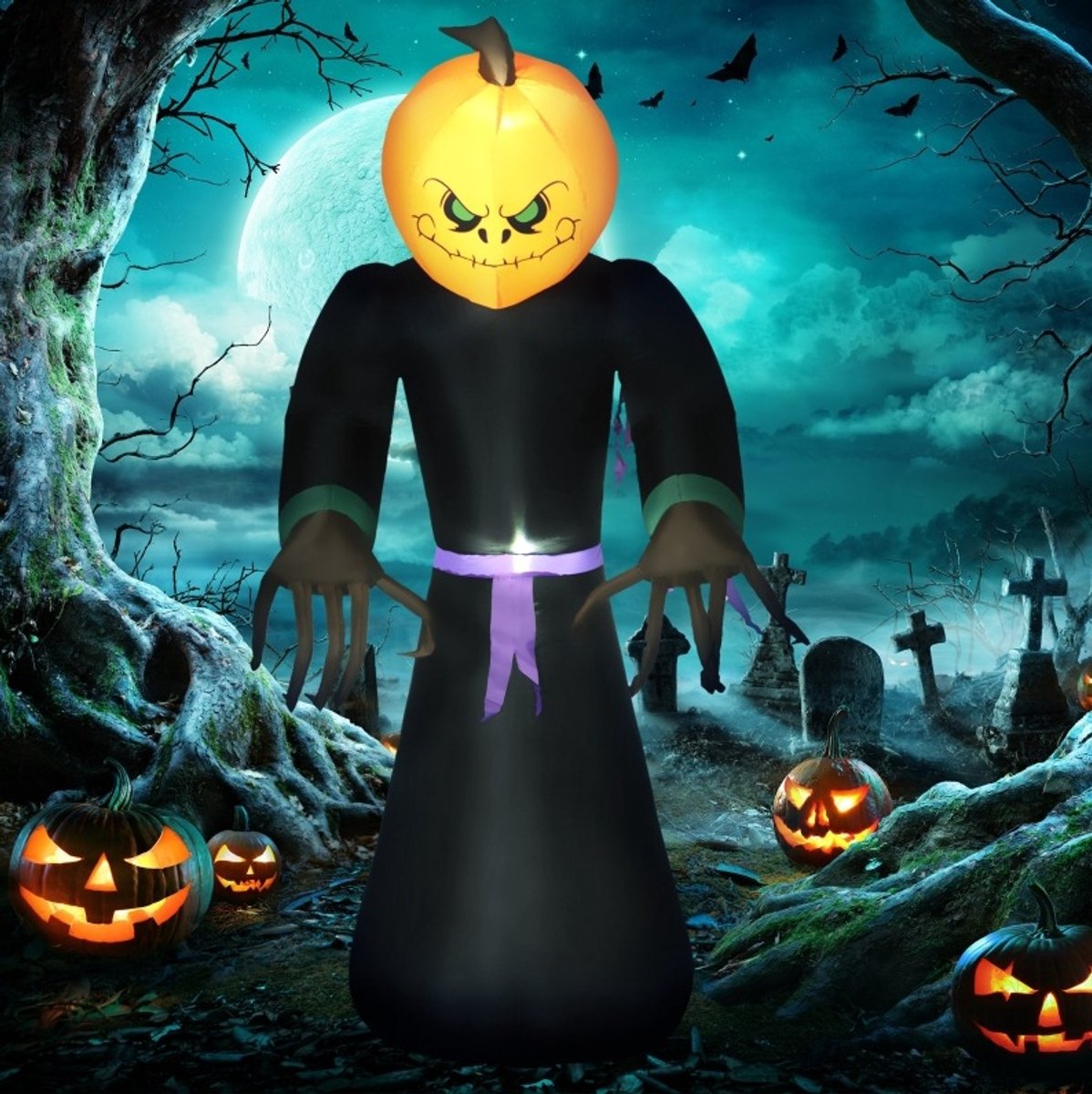 MIVRAY Opblaasfiguur – LED Verlichting – 110 x 66 x 210 cm – Polyester – Zwart en Oranje – Halloween Decoratie voor Binnen en Buiten – Opvouwbaar