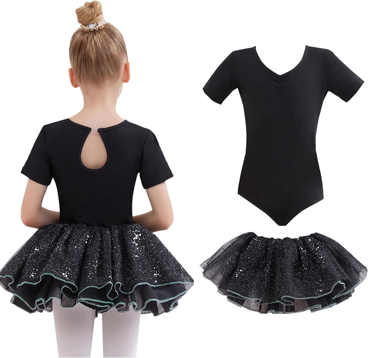 Balletjurk voor meisjes,katoen, balletjurk, dansjurk, danspakje met tutu, rok, korte mouwen, balletpak, balletoutfit, gymnastiek