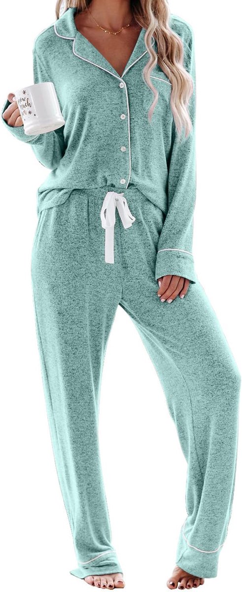 Pyjama dames lange pyjama sets met knoopsluiting tweedelige nachtkleding huispak