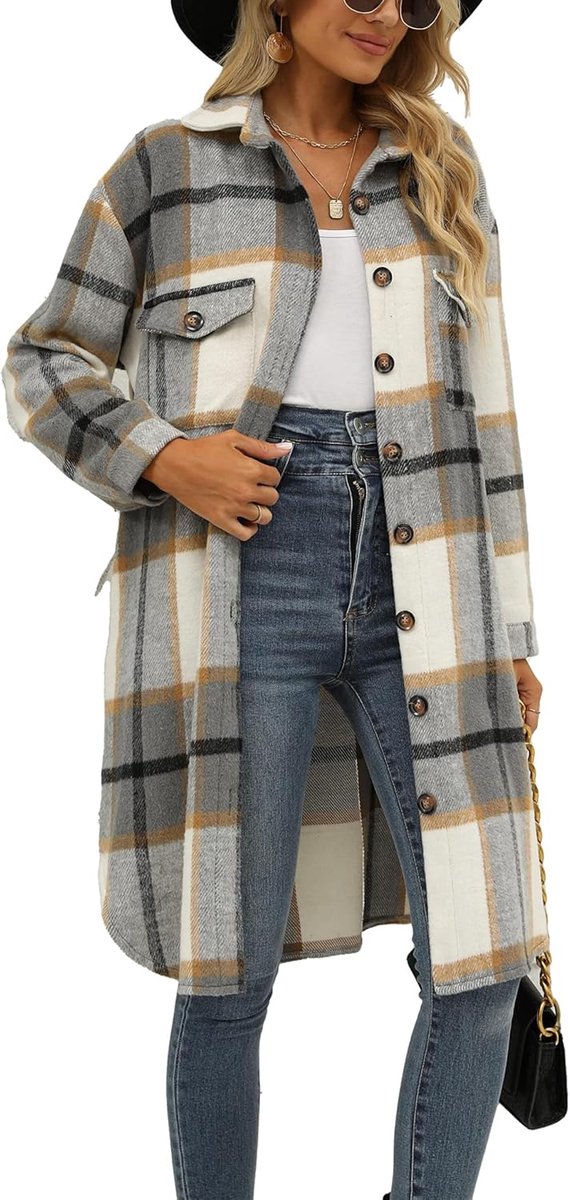 Flanel geruite jas voor dames, oversized, lange mouwen, revers, buttondown, geruit, katoen, lange hemdjas, mantel
