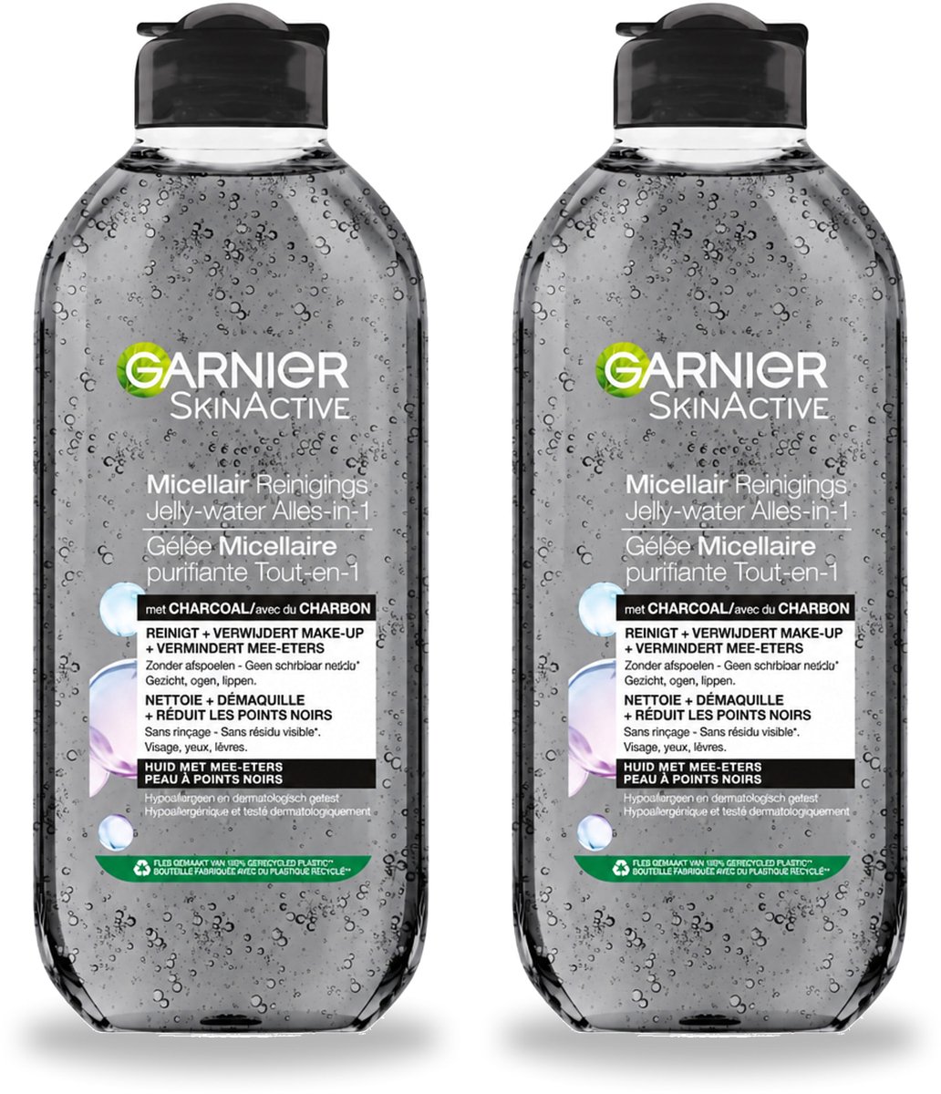 2 x Garnier - SkinActive - Micellair Jelly-water - Alles-in-1 - Charcoal - 400 ml - Bulkverpakking - 2 stuks