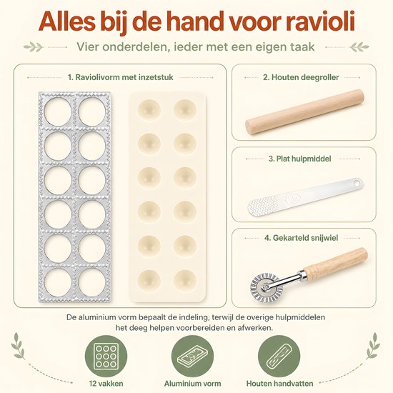 Ravioli maker set 4-delig - Aluminium raviolivorm met 12 vakken - Met deegroller, vulspatel en gekarteld snijwiel - Voor verse vierkante pasta van AIMASON — afbeelding 2