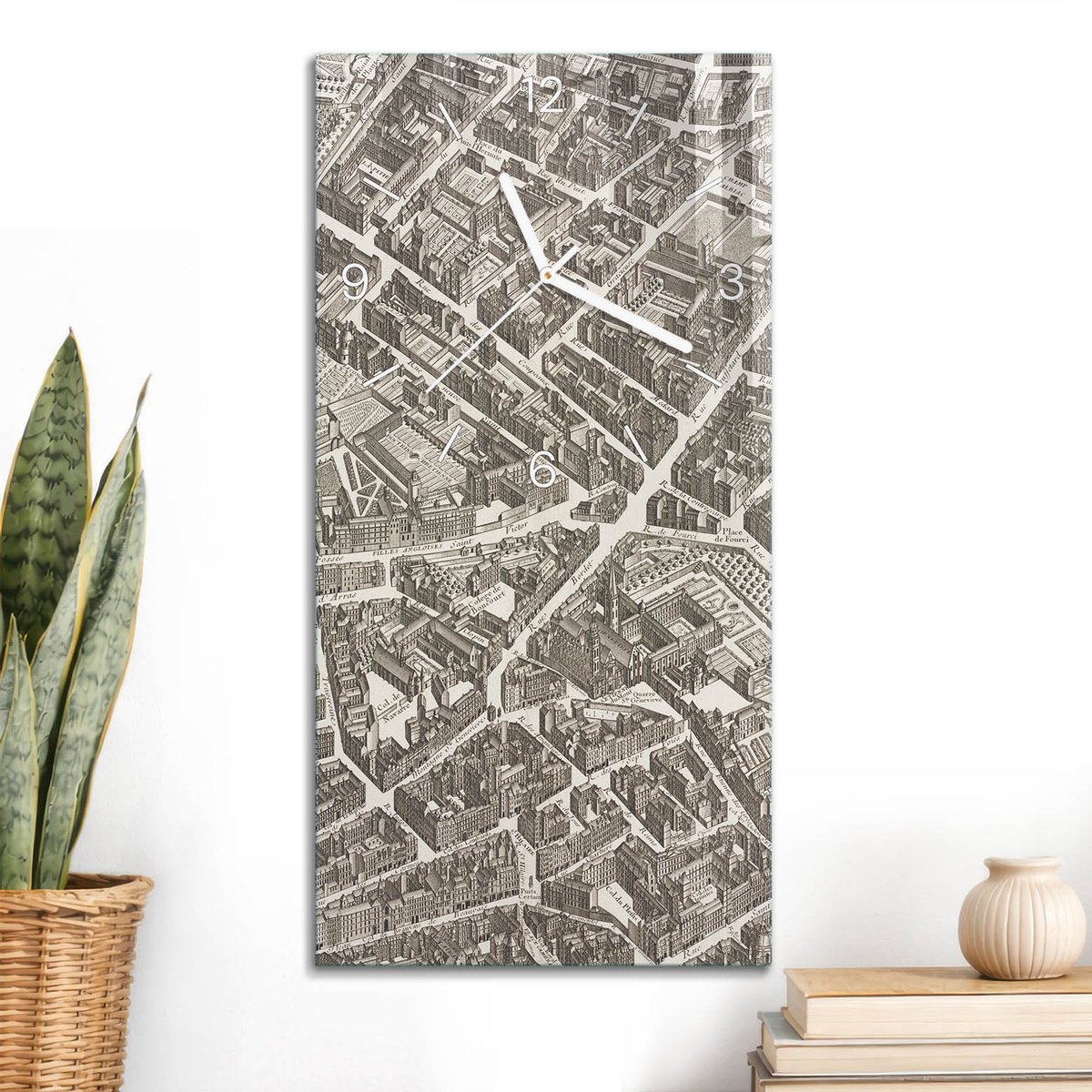 ArtPrintCave Grijs Glazen Klok - 30x60 cm - Rechthoekige Wandklok - Historische Kaart Wandklok Keuken - Architectuur Unieke Klok - Witte Klokwijzers