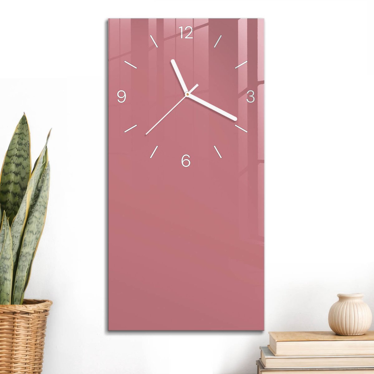 ArtPrintCave Roze Glazen Klok - 30x60 cm - Rechthoekige Wandklok - Zalmkleur Unieke Klok - Abstractie Stille Wandklok - Witte Klokwijzers