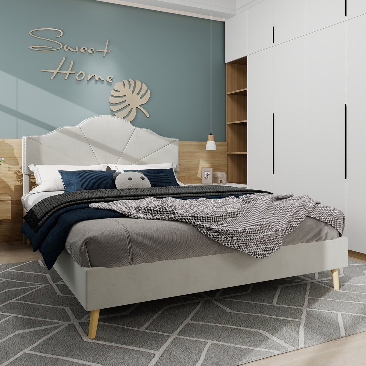 Merax Gestoffeerd Tweepersoonsbed 160x200 cm – Beige – Laag Bedframe met Comfortabel Hoofdbord