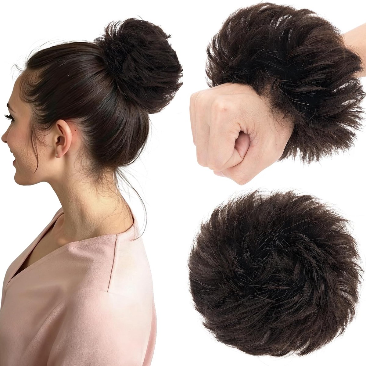 Chignon Postiche Echt Haar Krullen - Natuurlijk Gladde Haar Opsteekknot met Elastiek voor Vrouwen & Meisjes (30g, #1B Natuurlijk Zwart)
