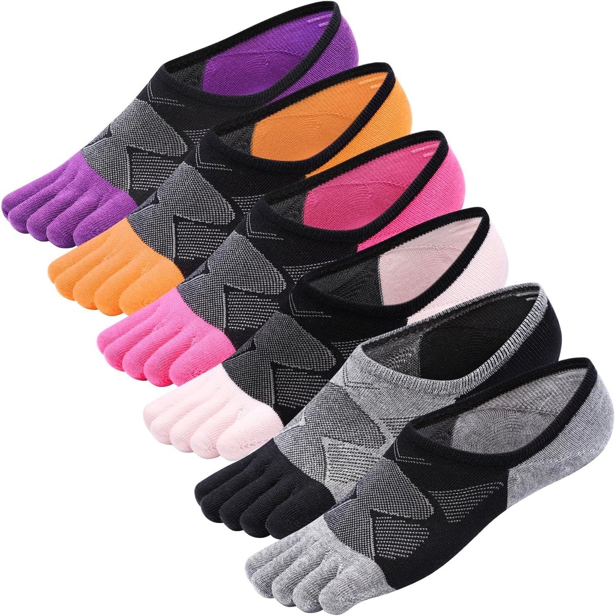 Sokken voor dames, antislip, lage snit, enkelsokken met grappige gescheiden voeten, sportsokken, 5 tenen, gestreept, met antislip siliconen, maat / 6 paar