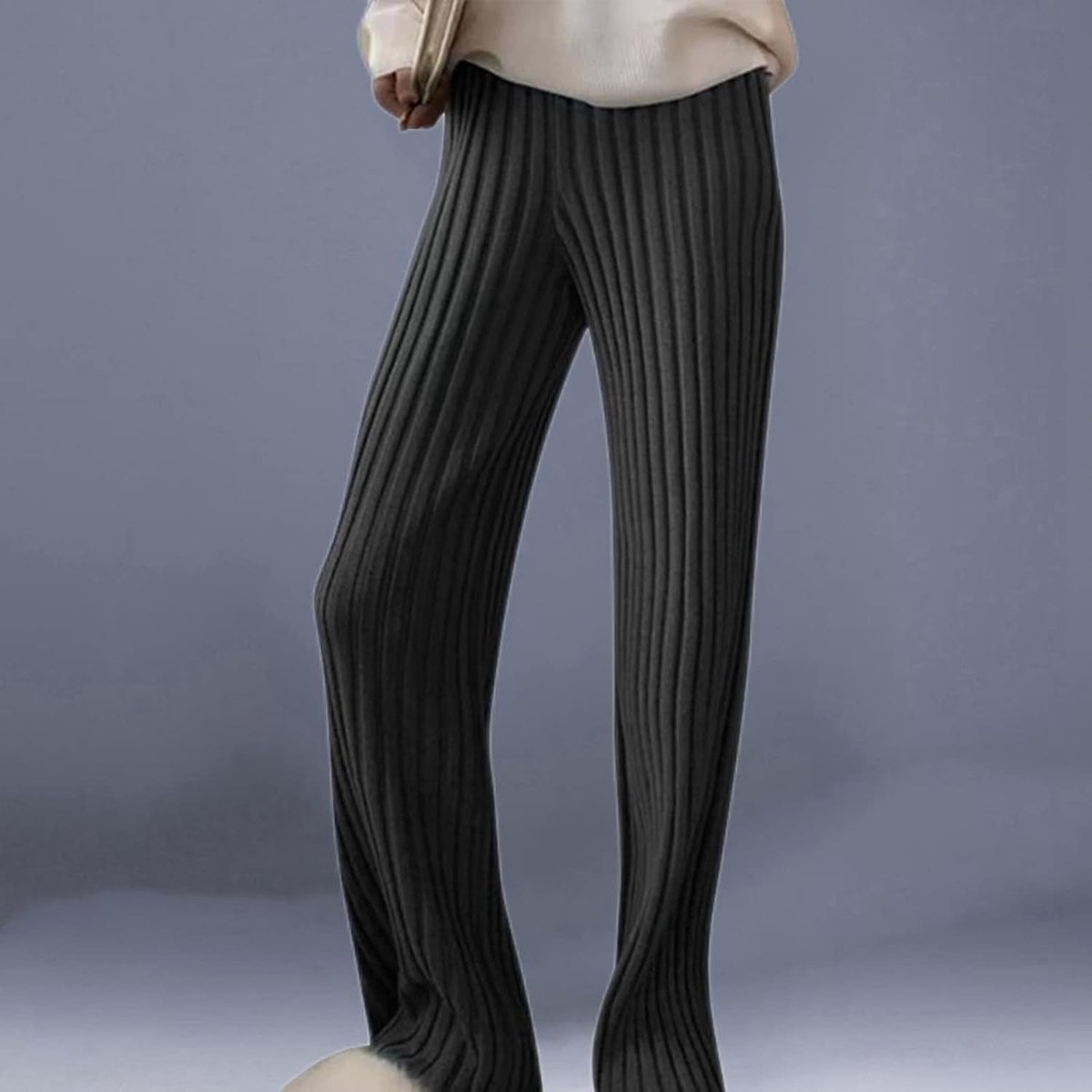 Gebreide Broek - Dames Wijde Pijpen Broek Herfst En Winter Mode Warm Dik Gestreept Gebreid Zwarte Stretch Hoge Taille Losse Wijde Pijpen Broek Dames Streetwear Elegant Kerst Nieuwjaar Cadeau,