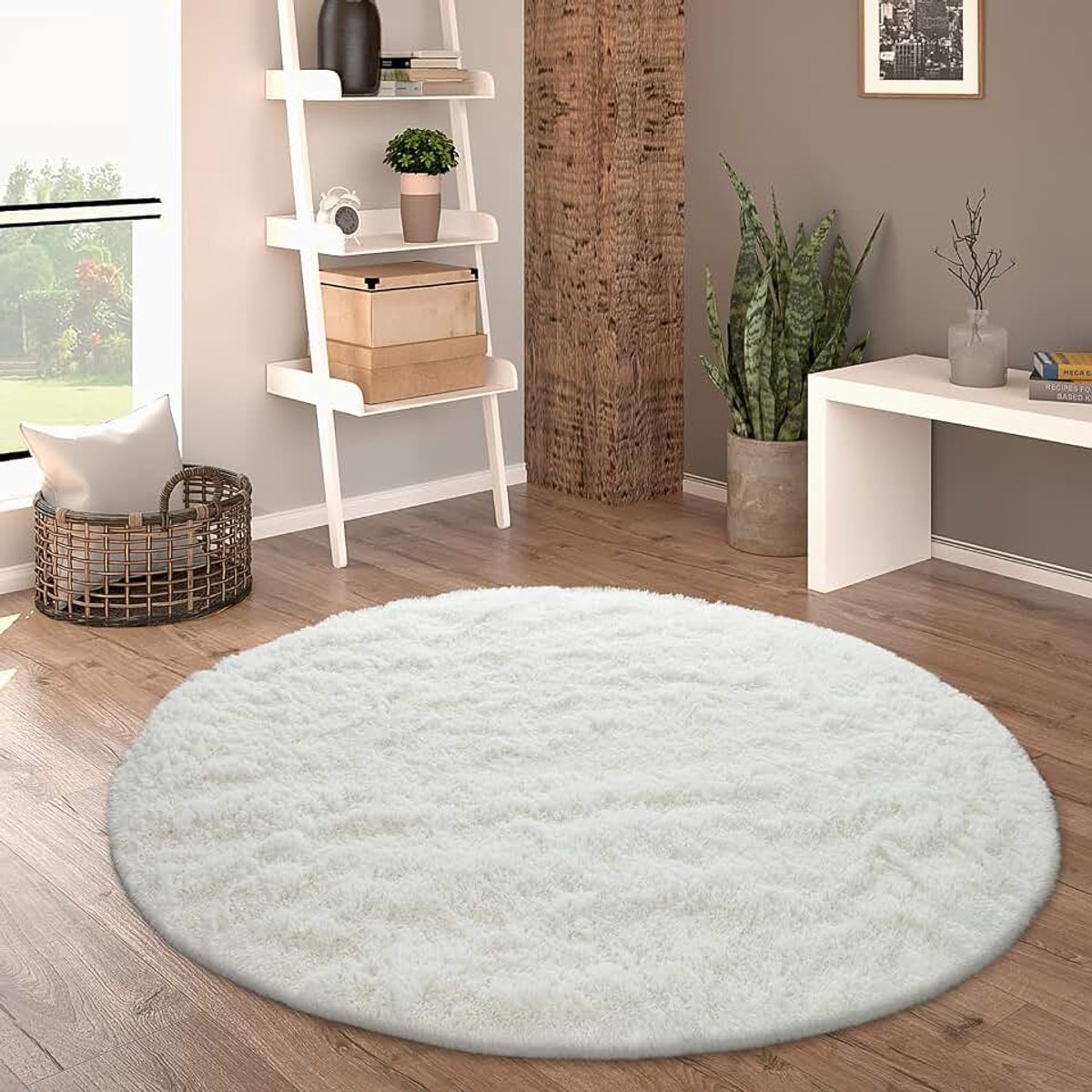 Home Hoogpolig Vloerkleed Rond Woonkamer Shaggy Modern Langpolig Imitatiebont Pluizig Effen, Maat:Ø 160 cm rondje, Kleur:Wit