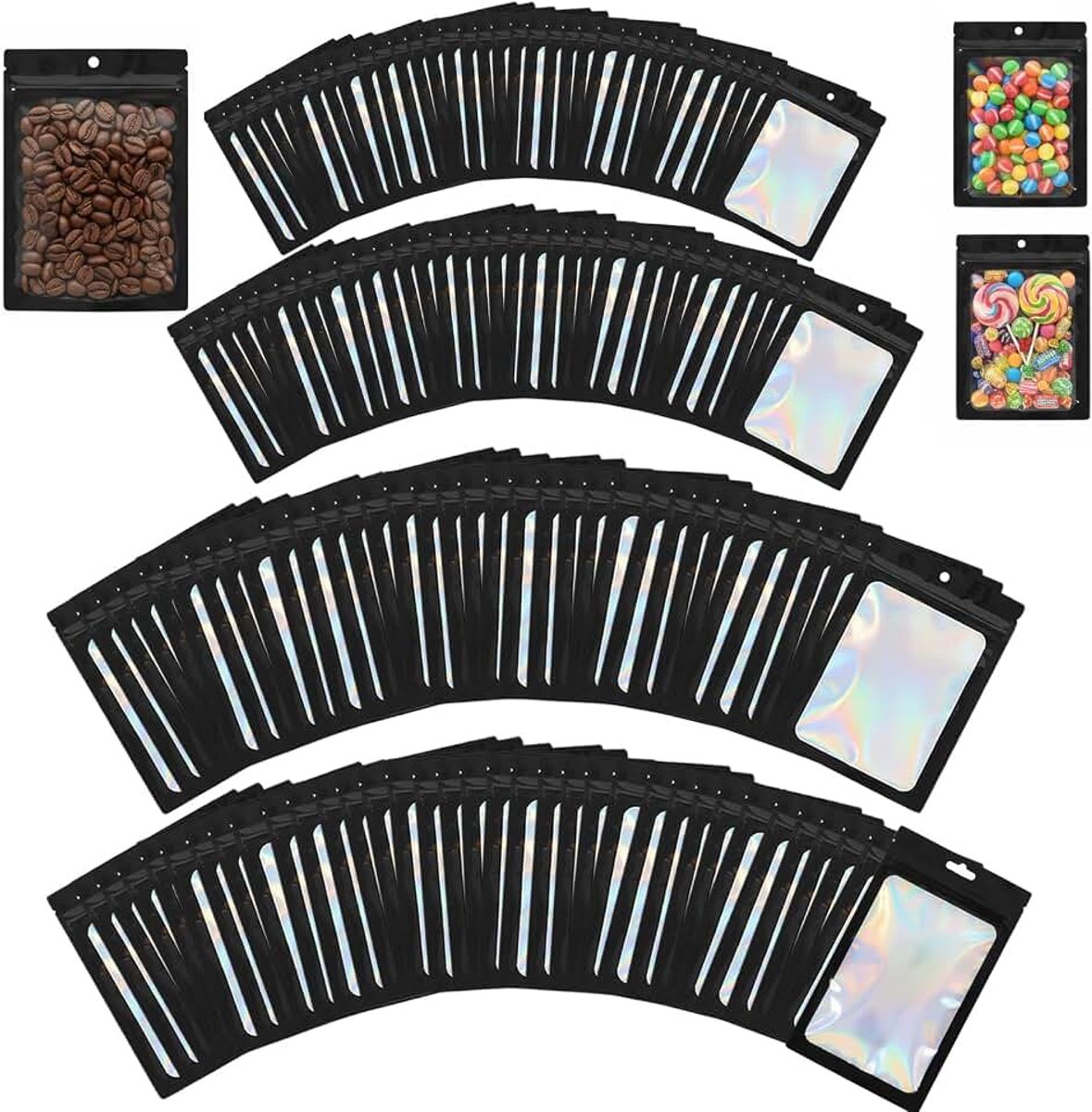 Mylar-zakjes, set van 200 stuks, 4 maten, geurremmend, hersluitbaar, kleine zwarte opbergzakken voor sieraden, snoep, visuitrusting, lipgloss en handwerk