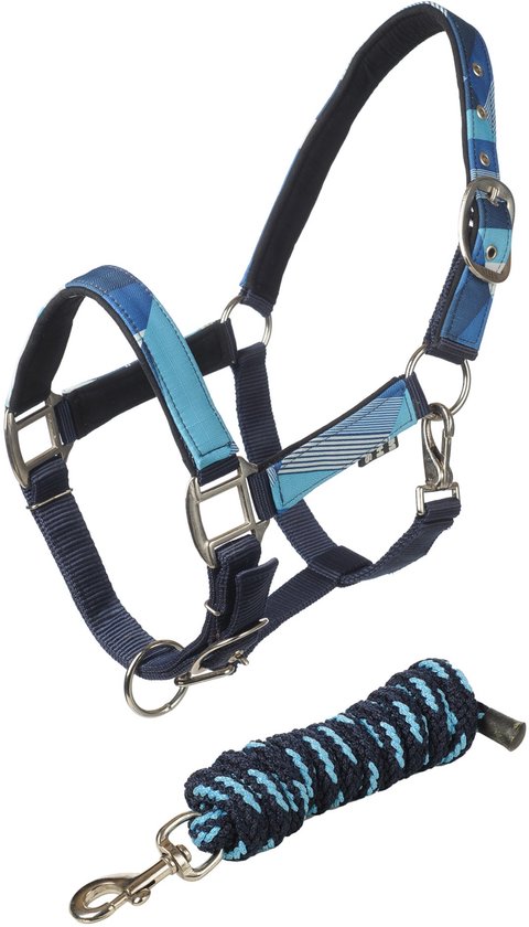 Blauw met lichtblauwe gestreept halster met donkerblauwe panden en bijpassend halsterkoord met blauwe en lichtere blauwe strepen.
