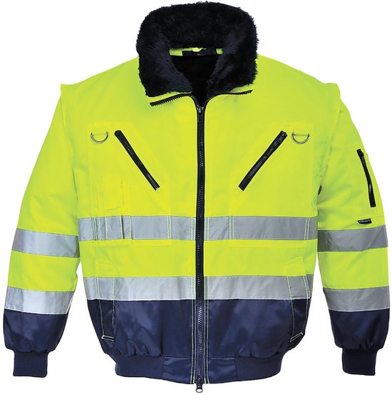 Pilotjack in neon geel en marineblauw met reflecterende banden over de borst, mouwen en onderkant. Zwarte bontkraag.