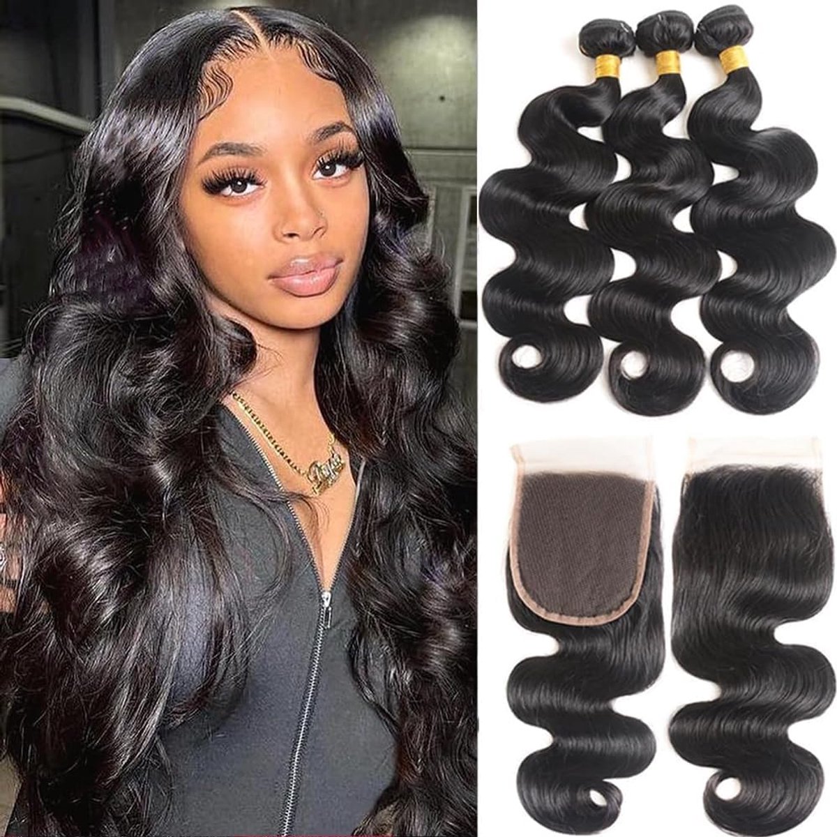 Wave bundels menselijk haar met sluiting lichaam golf bundel 10A Braziliaans menselijk haar bundels met sluiting 10 12 14+10