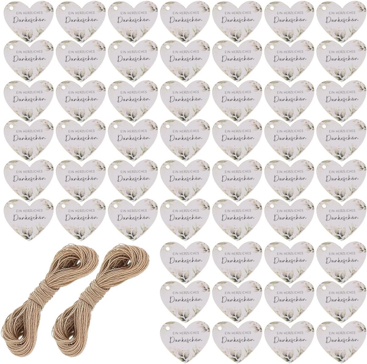 100 stuks hartvormige bedank-cadeaulabels met jute koord, groen eucalyptusdesign voor geschenken en verpakkingen