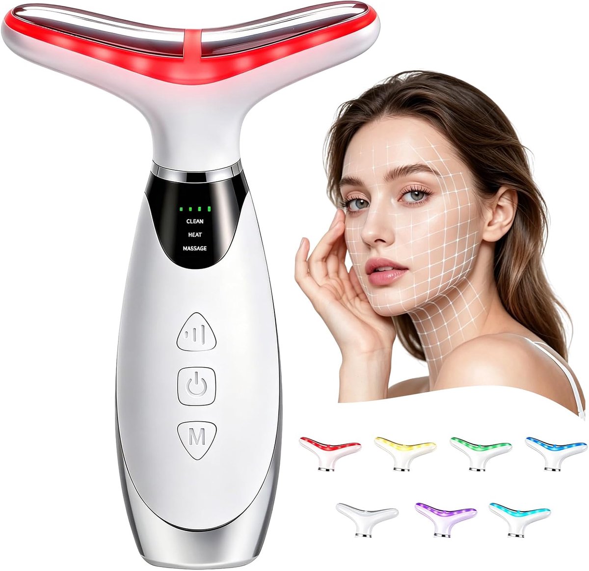 Elektrisch gezichtsmassageapparaat tegen rimpels – 3 standen, liftend effect, aanpak van onderkin – LED-lichttherapie (7 kleuren) & EMS (45°C) – Anti-aging schoonheidsapparaat voor gezicht en hals