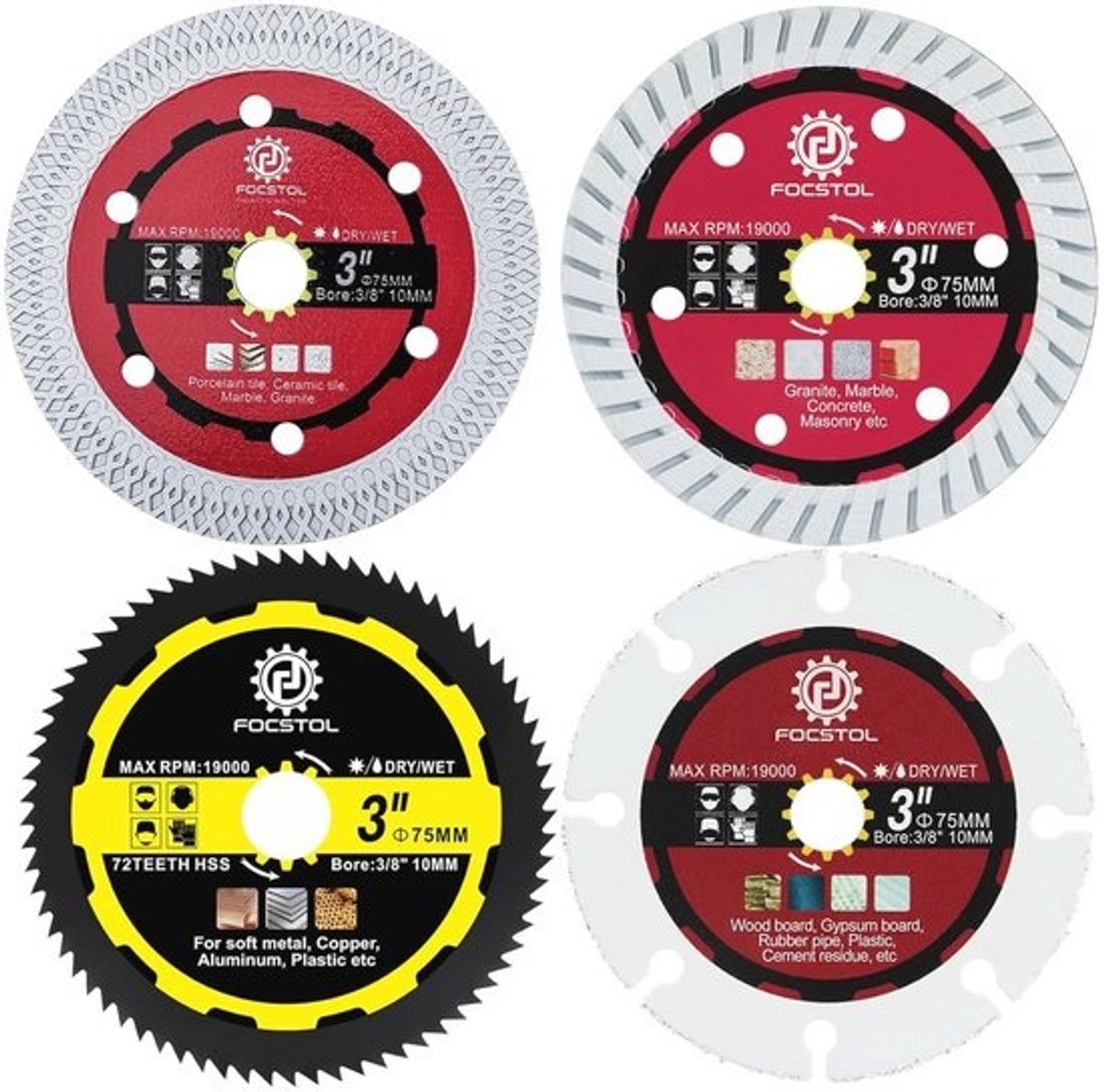 Set van 4 Diamant Doorslijpschijven voor Porselein, Tegels, Hout, Beton en Metaal - 75 mm x 10 mm