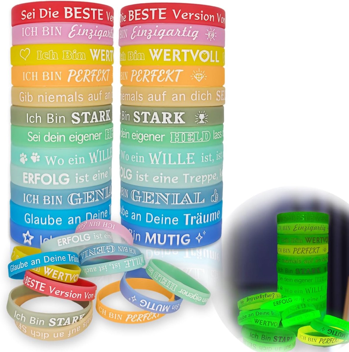24 stuks lichtgevende motivatiearmbanden in het Duits - siliconen armbanden kleurrijk, lichtend in het donker, moedinspirerende cadeaus voor initiatie/schoolkind/afscheid, ideaal voor collega's