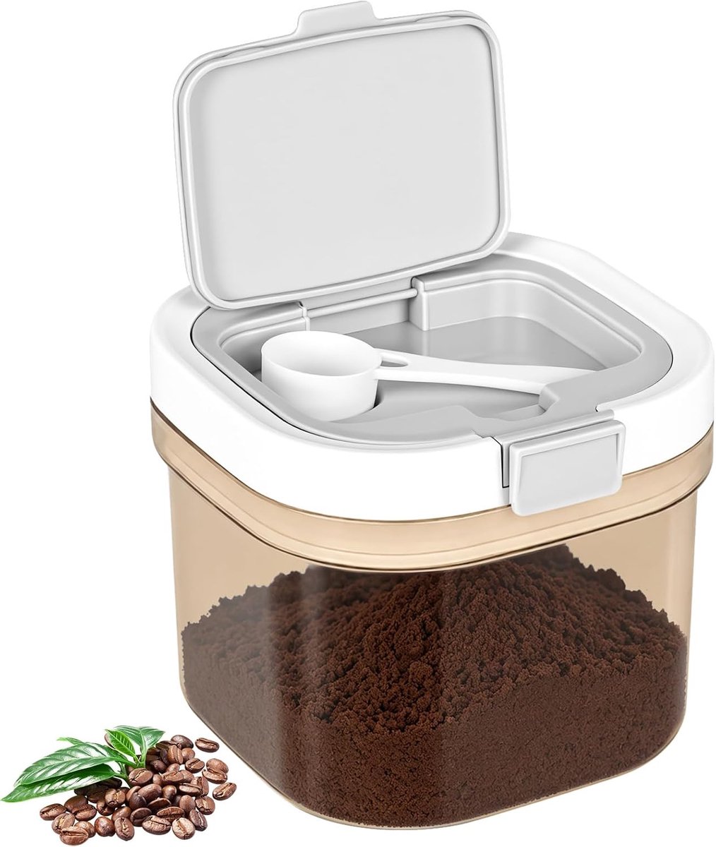 Koffiebus 800 ml, koffiebonencontainer met luchtdicht deksel en lepel, kunststof voedselopslagcontainer, koffiebonen, opslag van koffiebonen, koffiecontainer voor malen, bonen, thee en granen(Bruin)