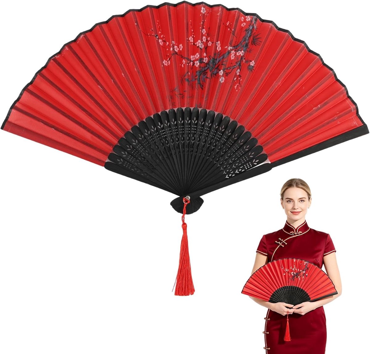 Rood vintage Chinese stijl, 23 cm, bamboe en zijde, oosterse decoratie, wandwaaier, feestaccessoire en elegant cadeau