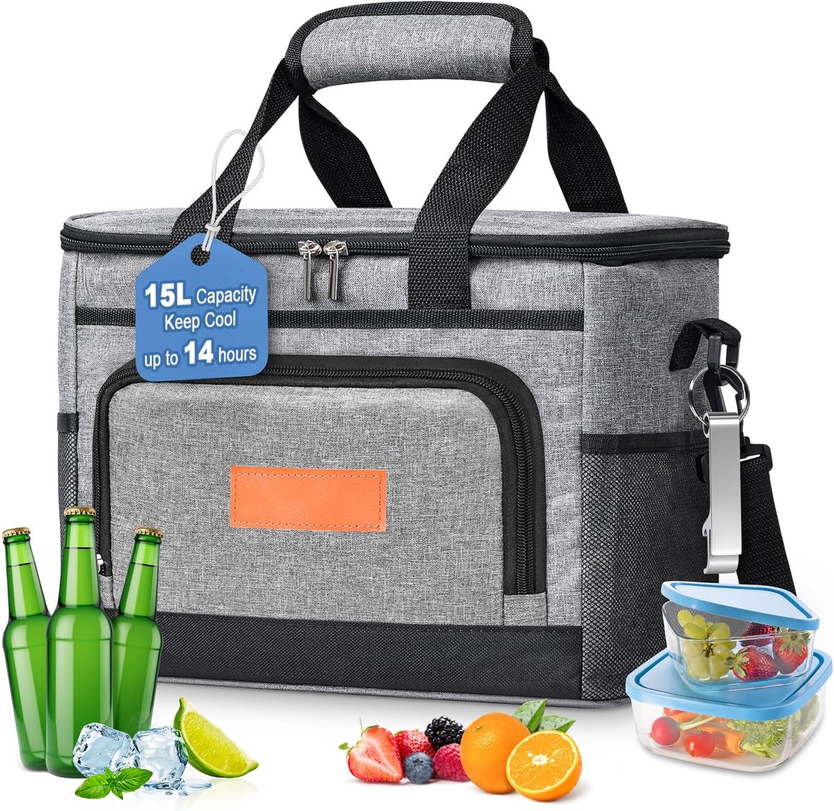 Koeltas voor lunchtas, 15 l, voor dames en heren, met meerdere zakken, flesopener en verstelbare schouderriem, draagbaar, voor picknick, werk, school en buiten