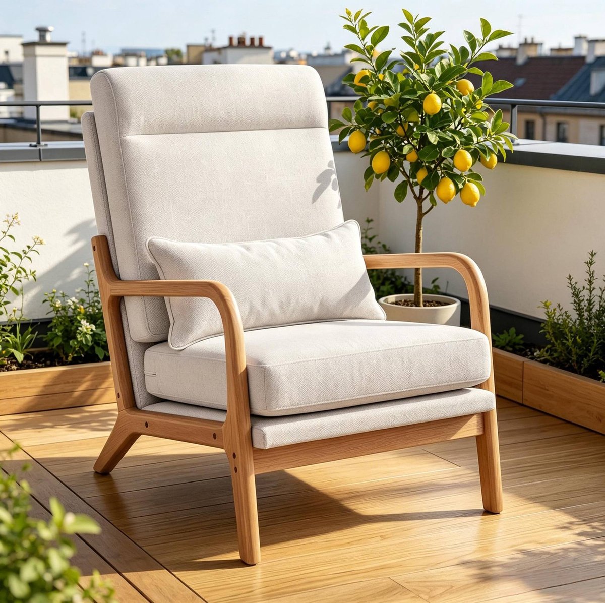 MODENUIT Fauteuil 64 x 86 x 93 cm - Hoge Rugleuning En Lendenkussen - Woonkamer - Stof Crème