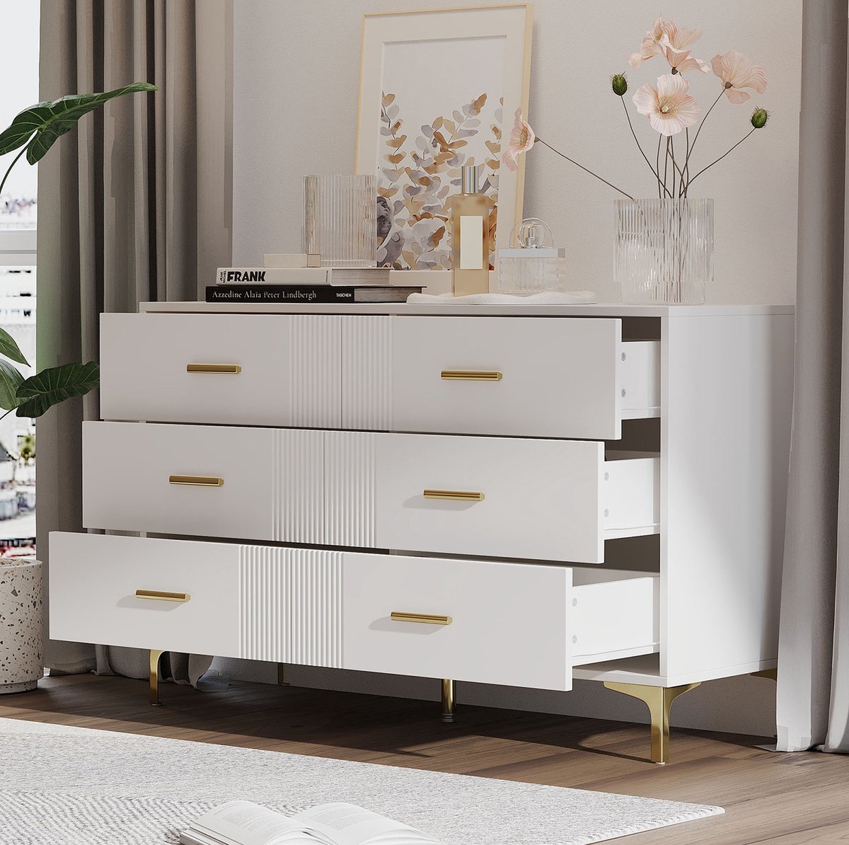 MEUNIQ Ladekast met 6 lades, 120 x 40 x 76 cm, MDF opbergkast met gegroefd wit front, gouden grepen en poten voor woonkamer of slaapkamer