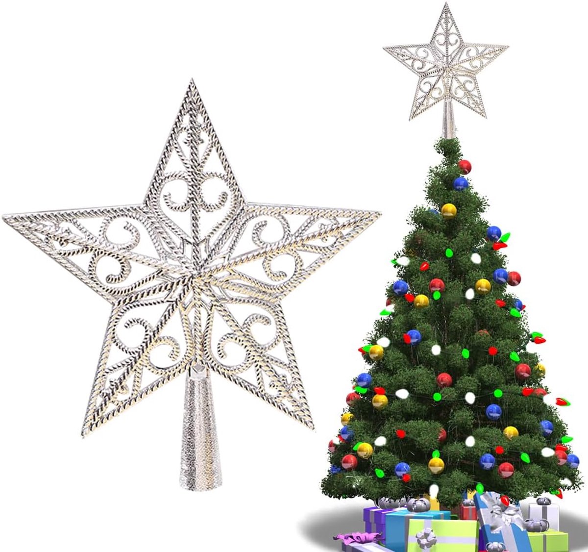 Kerstboompiek van kunststof, kerstboompiek, ster, ster kerstboompiek, kerstboompiek, voor Kerstmis, feest, thuis, 20 cm, zilver