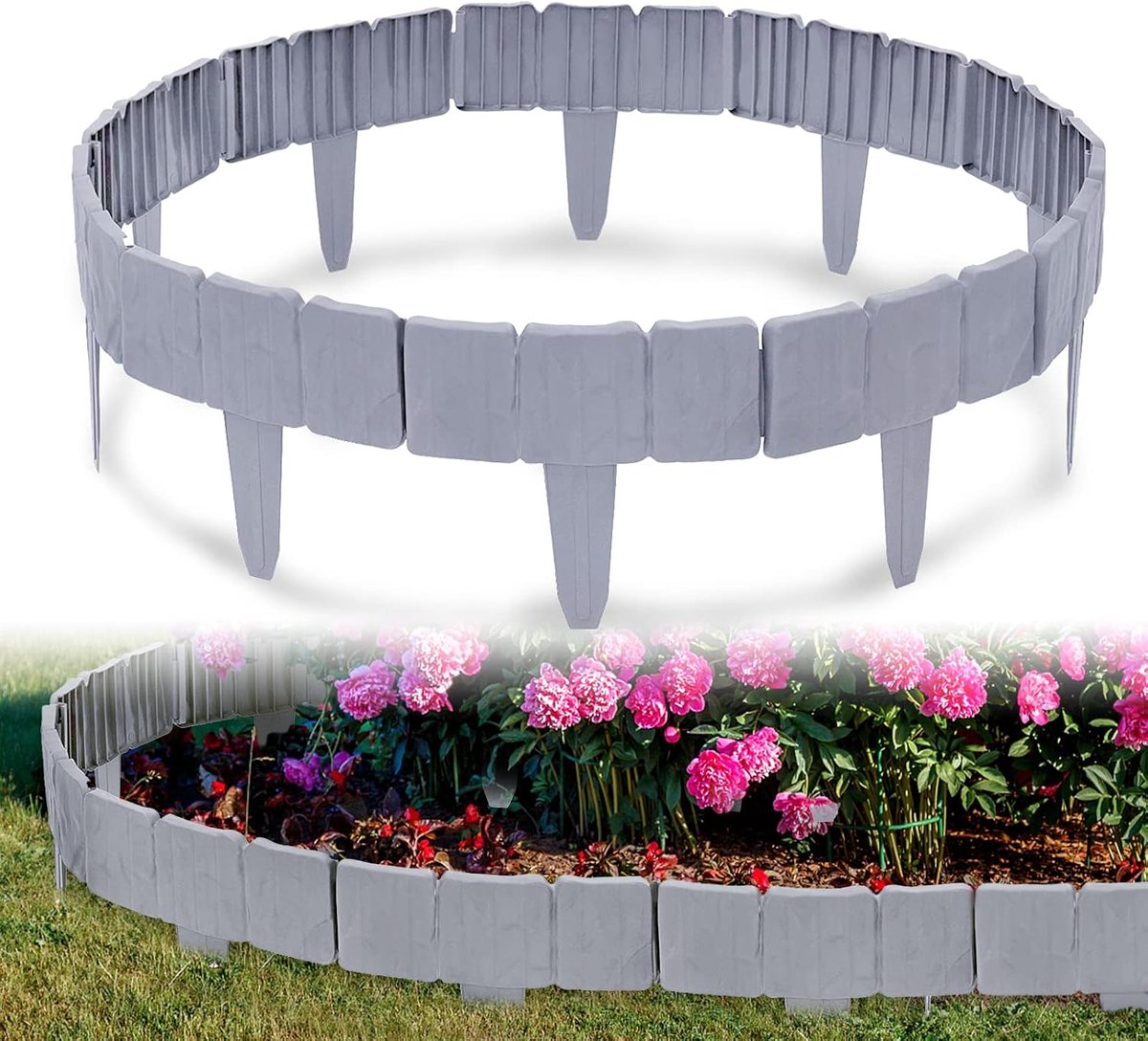 Gazonrand kunststof 17,5m bed behuizing steen look tuinrand palissade bed behuizing tuinhek tuindecoratie 1 element (L x H): 25 cm x 23 cm grijs