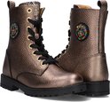 Koperkleurige leren bikerboots met zwarte veters en een ronde, multicolor pailletten applicatie op de zijkant.