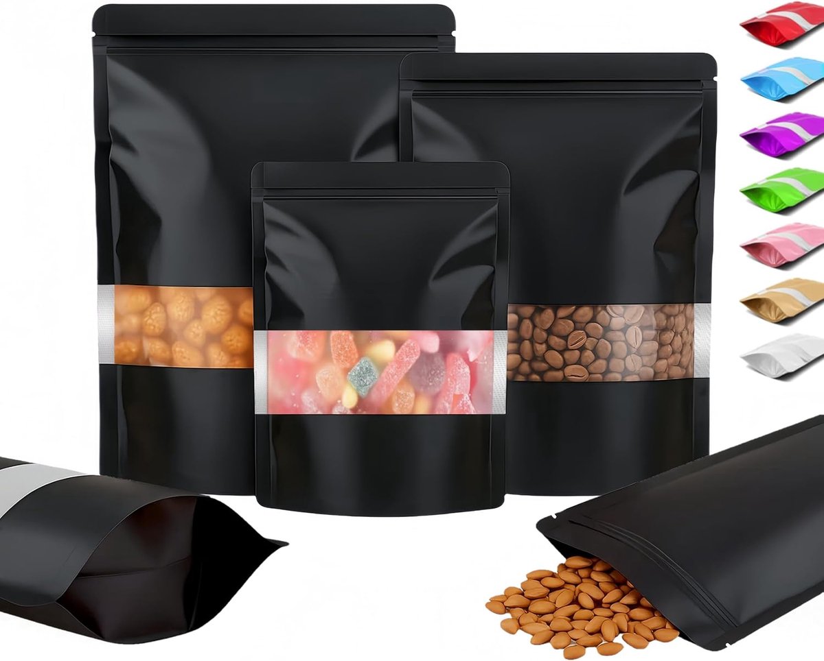 100 Stuks Staande Hersluitbare Zakjes met Venster, Aluminium Mylar Doypack, Gekleurde Herbruikbare Stazakken, Plastic Ziplock Zakjes Voor Voedselverpakking en Opslag (Zwart, 16 x 24 cm)